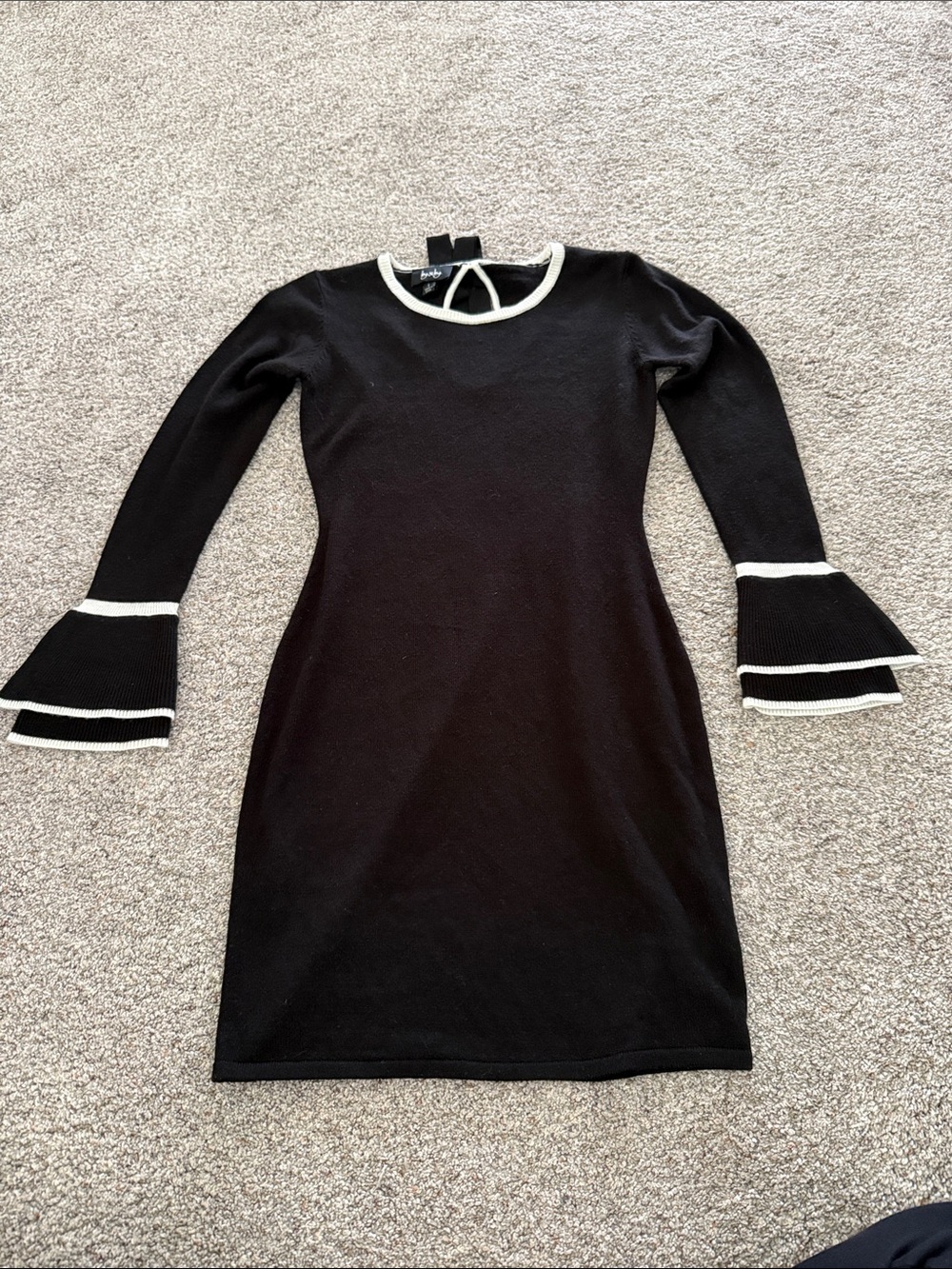 By&By Black Contrast-Trim Knit Dress with Bell Ruffle Sleeves Small